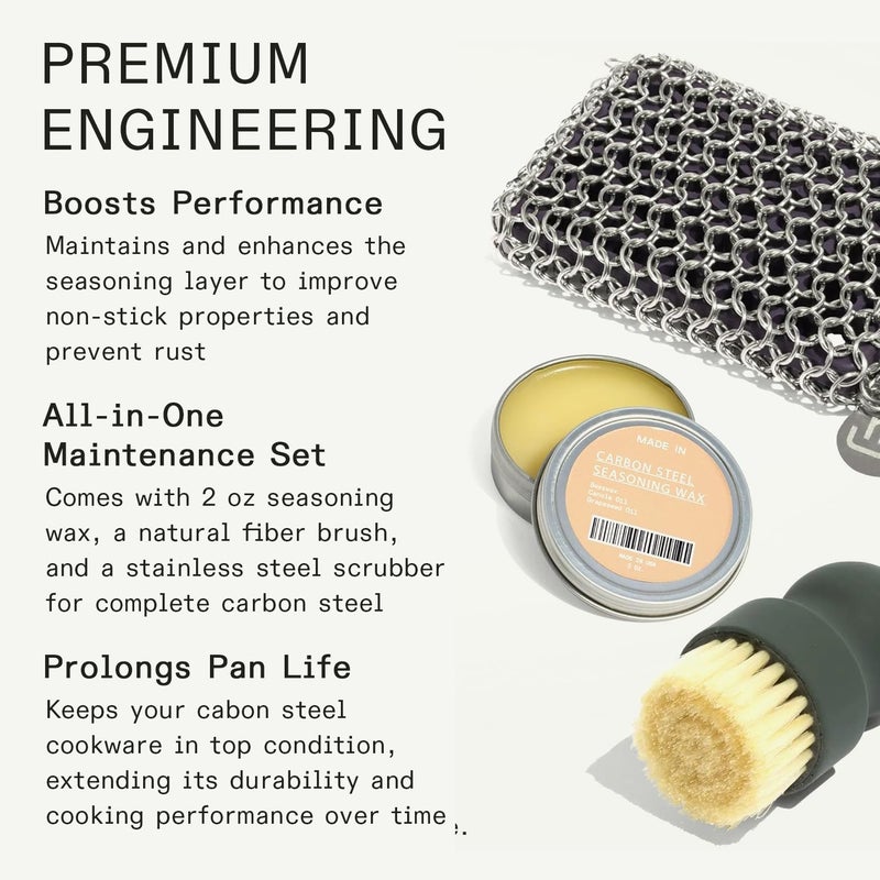 Madein Made In Cookware | 3-Piece Carbon Steel Cleaning Set | Includes Chain Mail Scrubber, Cleaning Brush and Carbon Steel Seasoning Wax - Image 2