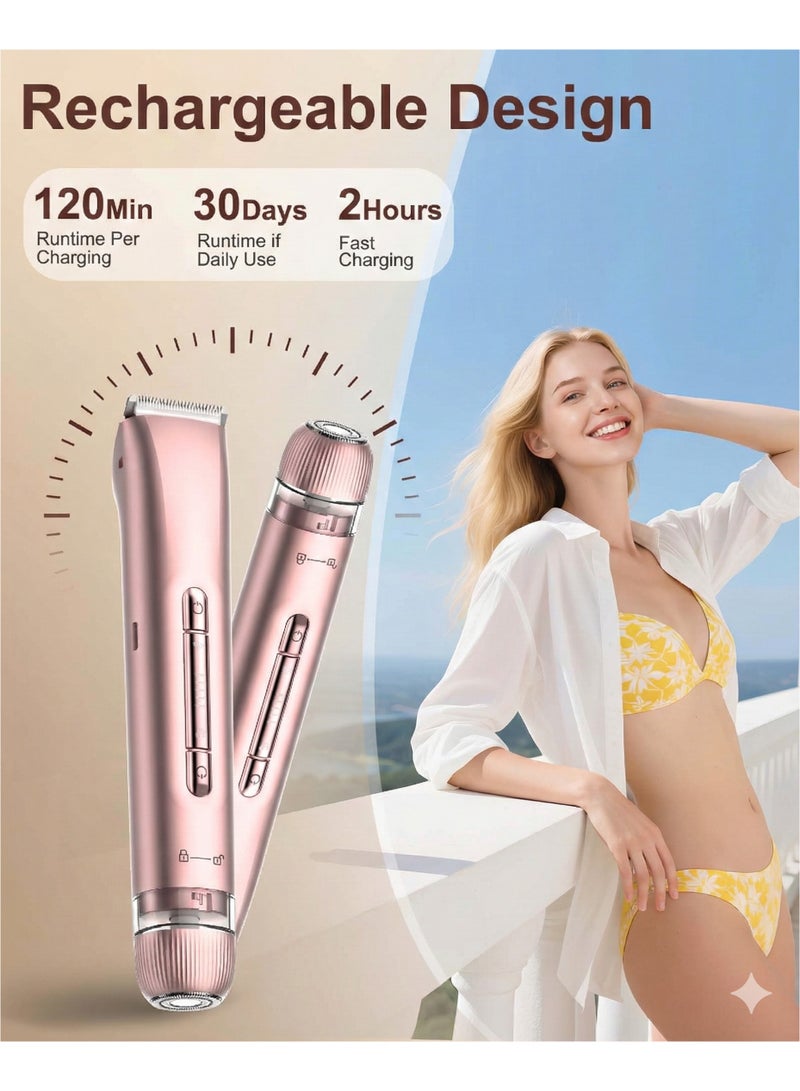 2-in-1 Bikini Trimmer & Facial Hair Remover for Women, Electric Razor, IPX7 Waterproof Rechargeable Lady Shaver for Face, Upper Lip, Bikini Area & Body (Rose Gold) - Image 4