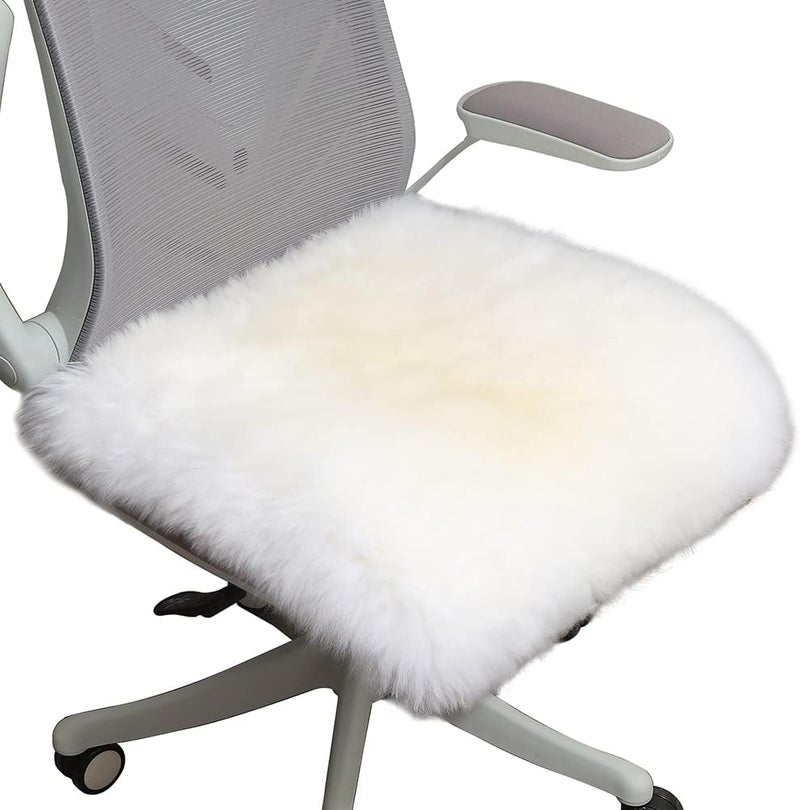LLB Sheepskin Chair Cushion Non-Slip Back Square Genuine Fur Chair Cover Silky Natural Wool Seat Cushion Pad Soft Area Rugs Carpet for Home Office Restaurant Chair 18x18 Inch (Pack of 1), Ivory White - Image 1