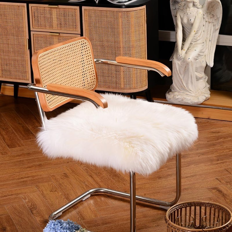 LLB Sheepskin Chair Cushion Non-Slip Back Square Genuine Fur Chair Cover Silky Natural Wool Seat Cushion Pad Soft Area Rugs Carpet for Home Office Restaurant Chair 18x18 Inch (Pack of 1), Ivory White - Image 2