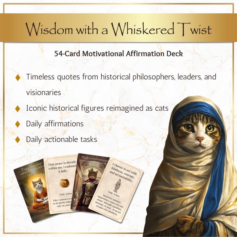 Mellow Minds Paws of Wisdom Motivational 54-Card Deck. Cat-Themed Historical Quotes, Positive Affirmations & Daily Actions for Personal Growth. Mindfulness & Self-Care Gift for Women, Adults, Teens, & Teachers - Image 3