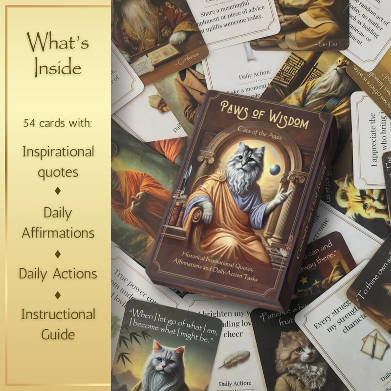 Mellow Minds Paws of Wisdom Motivational 54-Card Deck. Cat-Themed Historical Quotes, Positive Affirmations & Daily Actions for Personal Growth. Mindfulness & Self-Care Gift for Women, Adults, Teens, & Teachers - Image 2