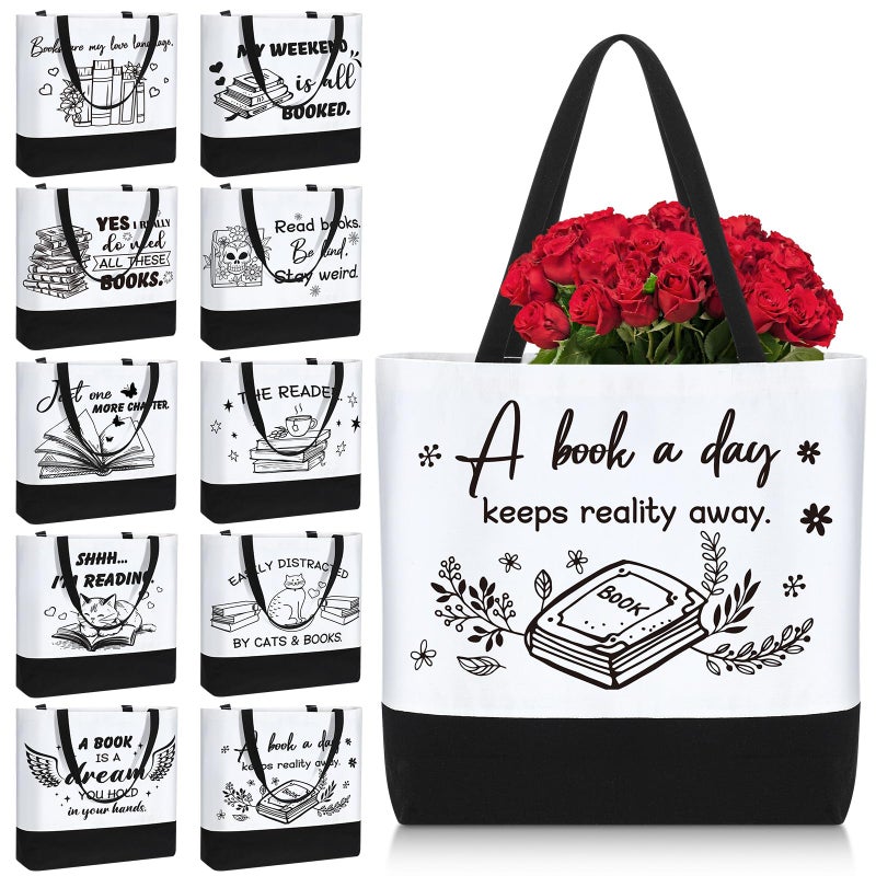 SilTriangle 10 Pcs Book Canvas Tote Bag Bulk for Women Cute Book Lovers Club Bookish Gifts Bags with Handle for Librarian Reader(Cute) - Image 1
