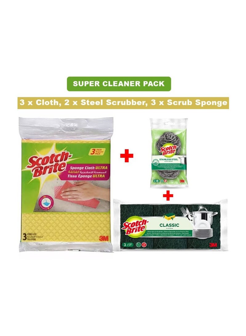 Scotch Brite 3-Piece Cleaner Cloth Sponge with 3-Piece Classic Scrub Sponge & 2-Piece Stainless Steel Scrubber  - Image 1