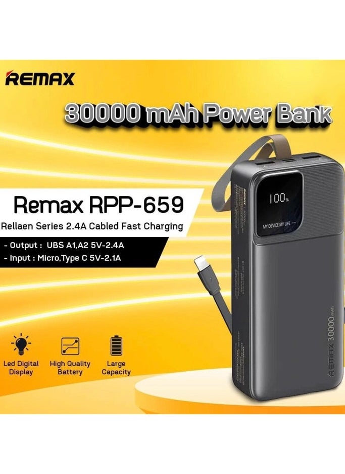 REMAX 30000mAh Power Bank with Built-in Cables, 2.4A Fast Charging, Large Digital Display, Portable Charger for 4 Devices, Dual Input/Output  - Image 4