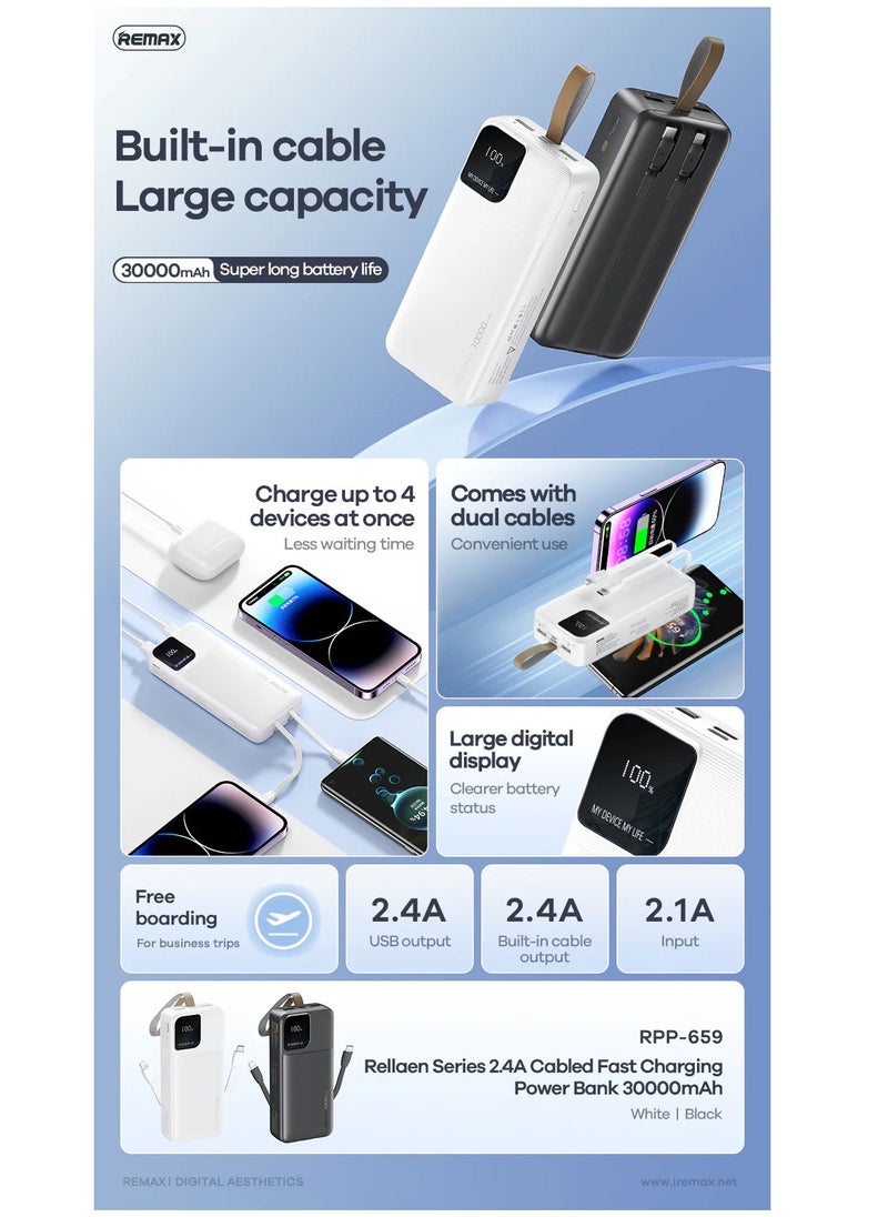 REMAX 30000mAh Power Bank with Built-in Cables, 2.4A Fast Charging, Large Digital Display, Portable Charger for 4 Devices, Dual Input/Output  - Image 2