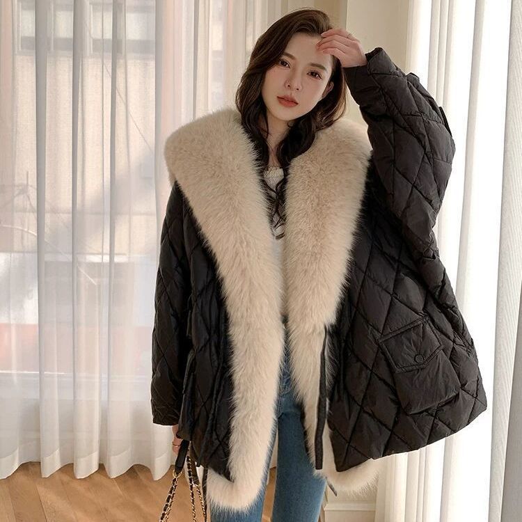 2024 Winter Fox Fur Collar Down Parka Women Warm Leather Coat Green