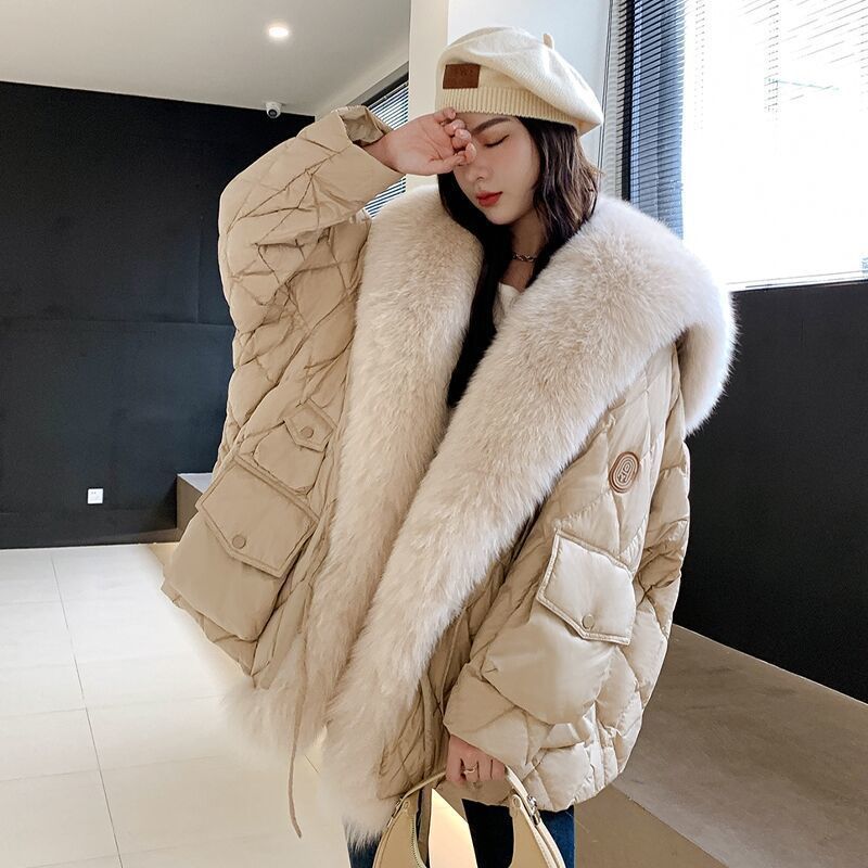 2024 Winter Fox Fur Collar Down Parka Women Warm Leather Coat Green