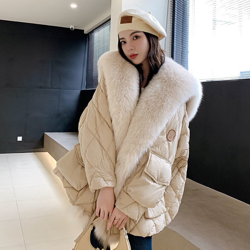 2024 Winter Fox Fur Collar Down Parka Women Warm Leather Coat Green