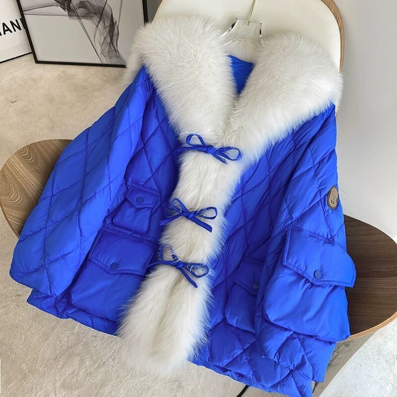 2024 Winter Fox Fur Collar Down Parka Women Warm Leather Coat Green