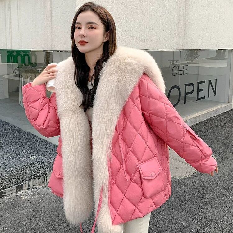 2024 Winter Fox Fur Collar Down Parka Women Warm Leather Coat Green