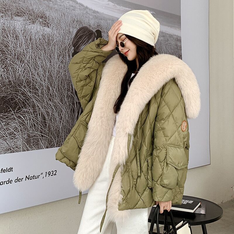 2024 Winter Fox Fur Collar Down Parka Women Warm Leather Coat Green
