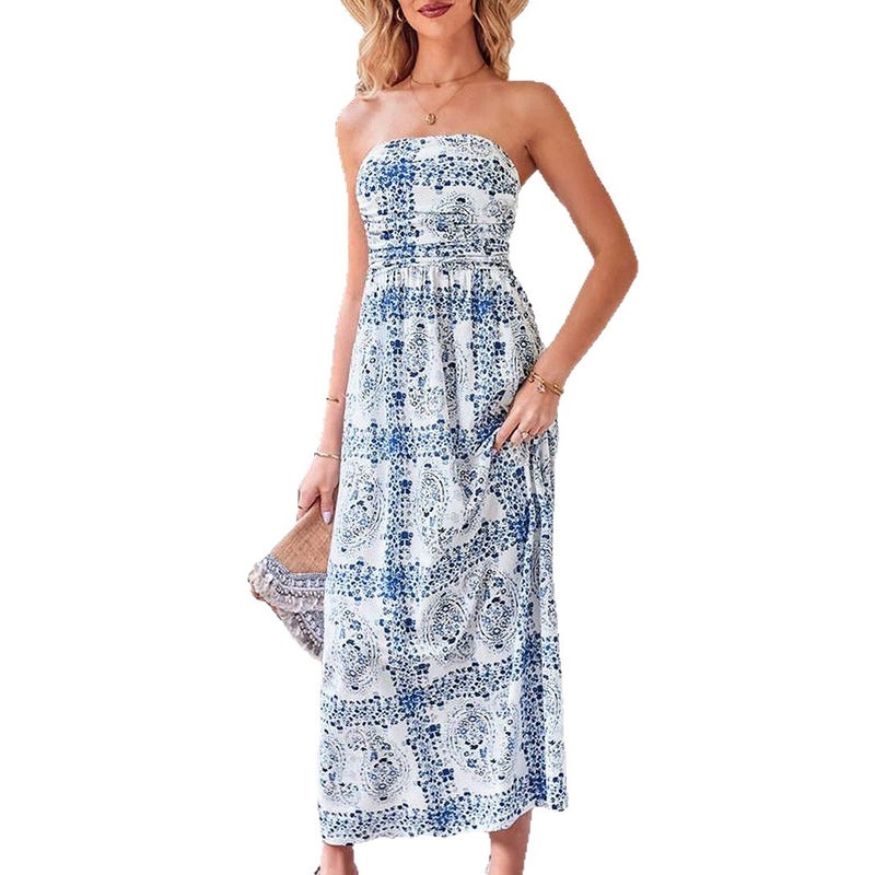 Bandeau Floral Print Long Dress - High Waist A-Line - Image 5