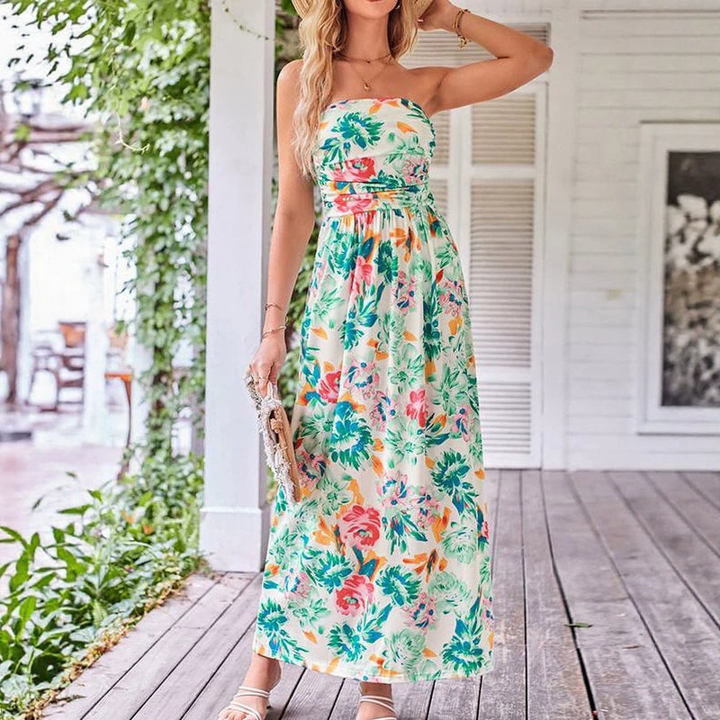 Bandeau Floral Print Long Dress - High Waist A-Line - Image 4