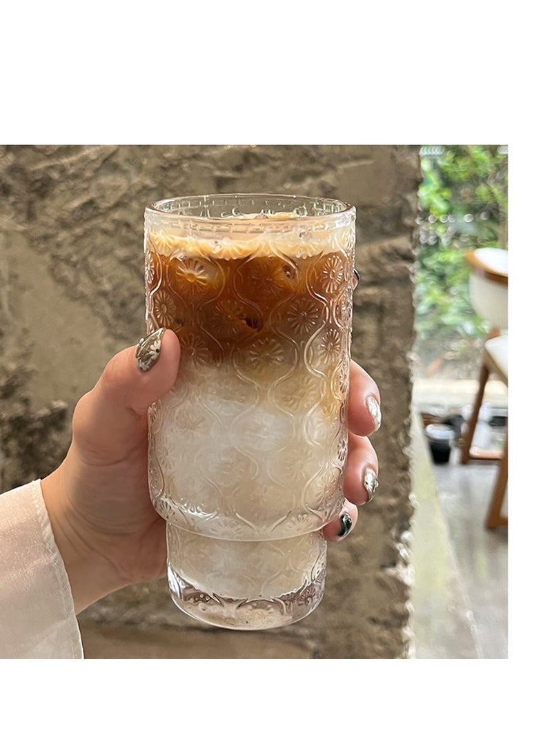 SYOSI Vintage Coffee Mugs, 4 Pcs Embossed Stackable Pattern Style Transparent Glasses Set, Aesthetic Vintage Glasses, for Ice Coffee, Juice, Drinkware for Dinner Parties, Restaurants, Home 190ml  - Image 4