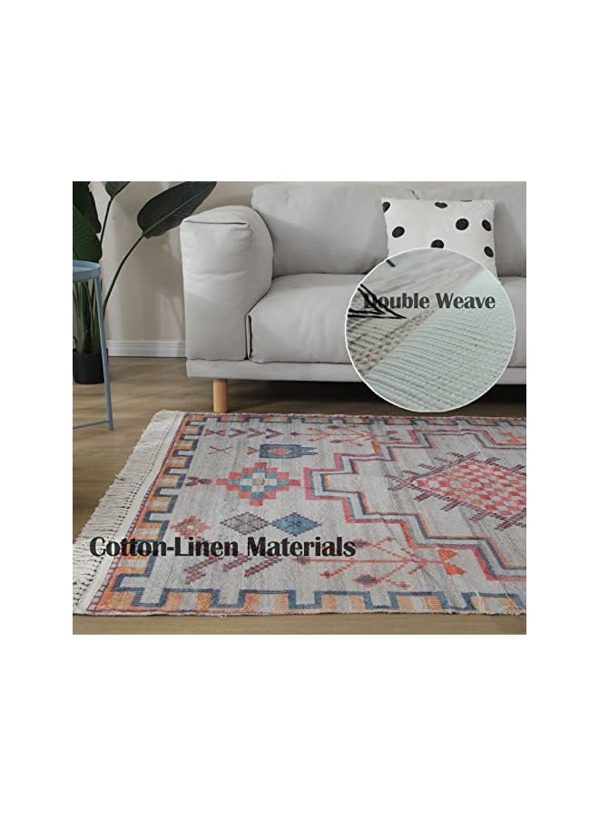 Zaboon سجادة أرضية من القطن والكتان مزينة بشراشيب لغرفة المعيشة وغرفة النوم، مقاس ليو 120*160 سم - Image 2
