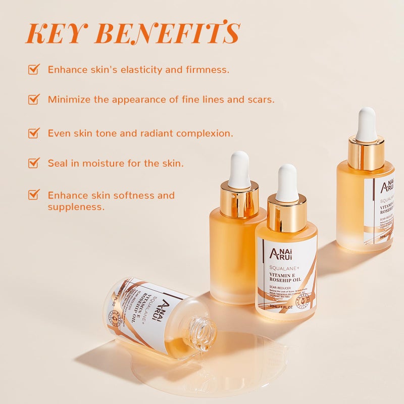 ANAI RUI Squalane + Vitamin E Rosehip Oil Moisturizer for Face,Hair,Skin& Nail Hydrate, Reduce Scars and Stretch Marks, Wrinkles for Smoother, Softer Skin 1 fl. Oz - Image 2