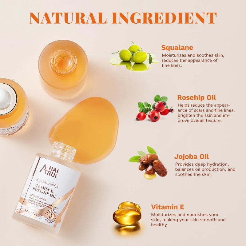 ANAI RUI Squalane + Vitamin E Rosehip Oil Moisturizer for Face,Hair,Skin& Nail Hydrate, Reduce Scars and Stretch Marks, Wrinkles for Smoother, Softer Skin 1 fl. Oz - Image 3