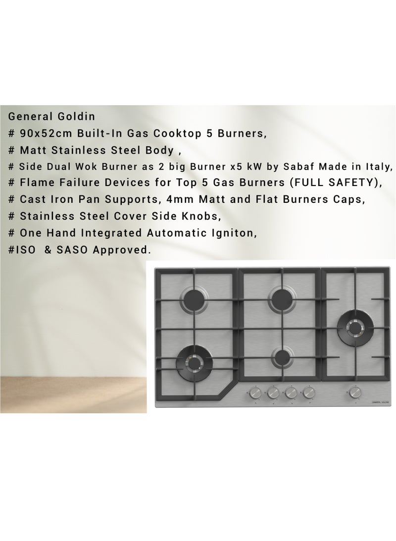 جنرال جولدن طباخ غاز مسطح جنرال جولدين 90x52 سم مدمج، 5 شعلات، حامل عريض عالي التحمل، احتراق تلقائي، أمان تام، سهل التنظيف، - Image 3