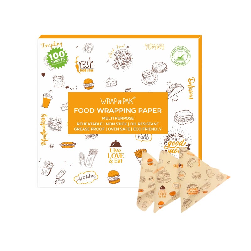 WRAP n PAK Food Wrapping Paper Sheets (100 Sheets, 11×12 Inch) | Food Grade, FDA Approved | Oil Resistant, Non-Soggy Parchment Paper | Chapati, Burger, Pizza & Sandwich Wrapping (Brown Delight) - Image 2