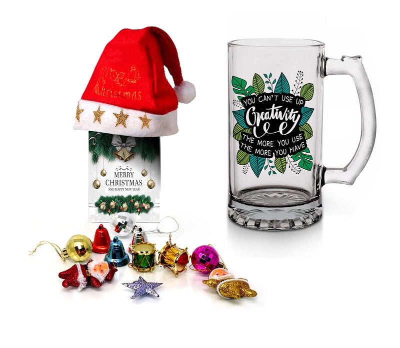 Kesri Gifts Kesri Gifts Christmas Gift Set Printed Beer Mug 12 Christmas Ornaments with Santa Cap Xmas Greeting Card for Xmas Gift ComboxmBrm21404 - Image 1