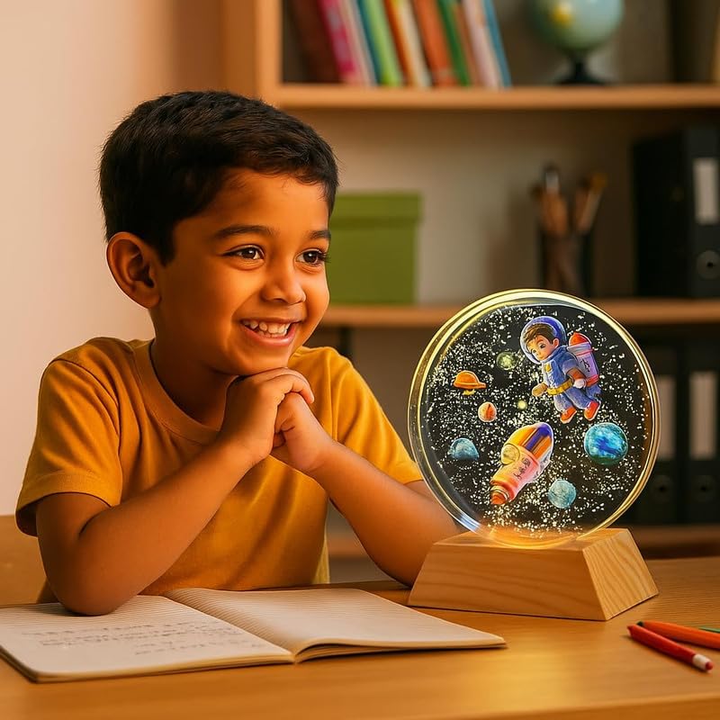 HashWOW® 3D Astronaut Boy Crystal Ball Night Lamp with Wooden Base | USB LED Table Light for Kids Room, Bedroom & Home Decor | Space Theme Bedside Lamp & Gift for Boys & Girls - Image 3