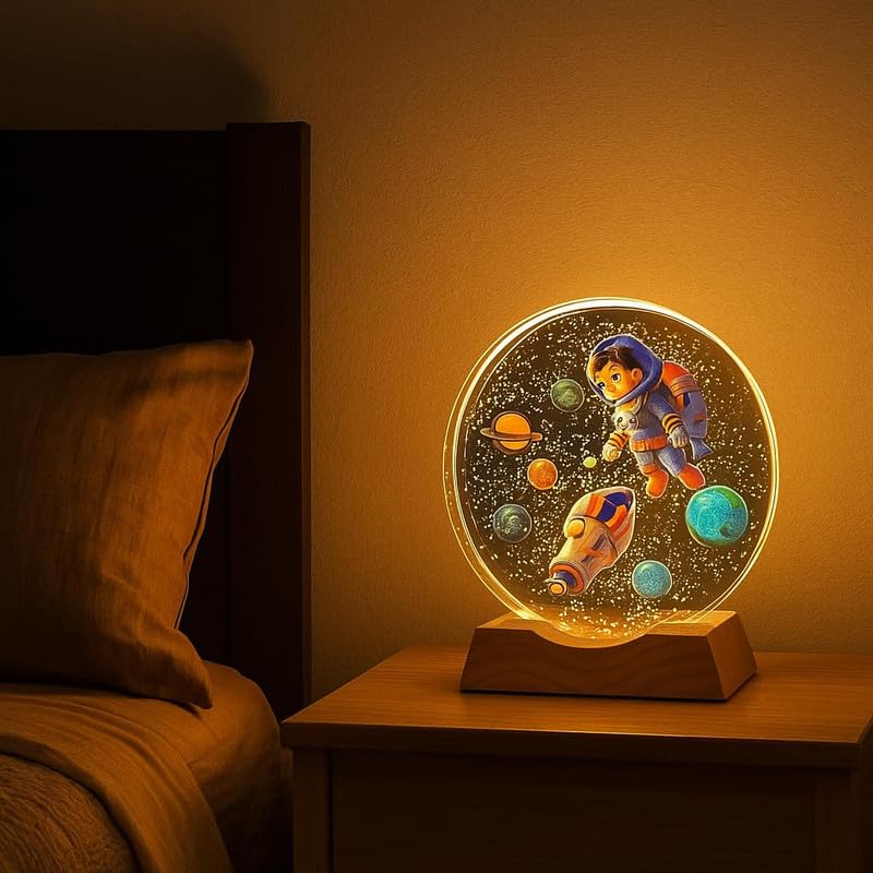 HashWOW® 3D Astronaut Boy Crystal Ball Night Lamp with Wooden Base | USB LED Table Light for Kids Room, Bedroom & Home Decor | Space Theme Bedside Lamp & Gift for Boys & Girls - Image 5
