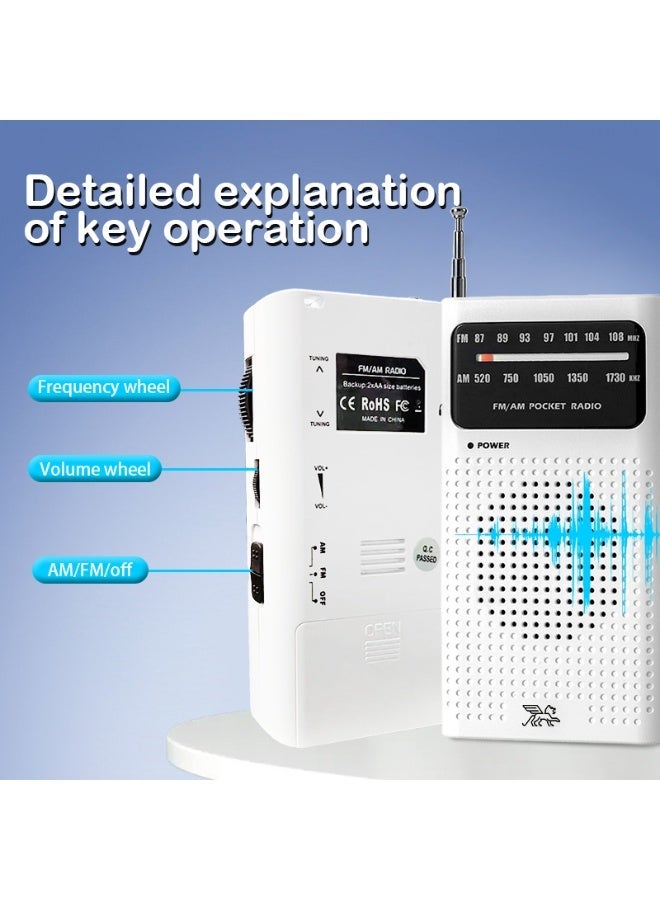 Small Radios Portable AM FM, Radio Portable for Home Outdoor, Transistor radios 2AA Battery Operated with Best Reception, Loud Speaker, Small Gifts for Seniors Elderly (white) - Image 3