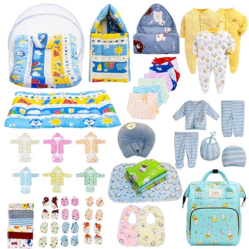 Infantbond Baby Semiwinter and Monsoon Season Use Hospital Essential Combo for New Born | Gift Pack | Baby Products | Maternity Essentials | Bedding Set (64 Items)(0-6 M) (64in1 Blue Fox) - Image 1