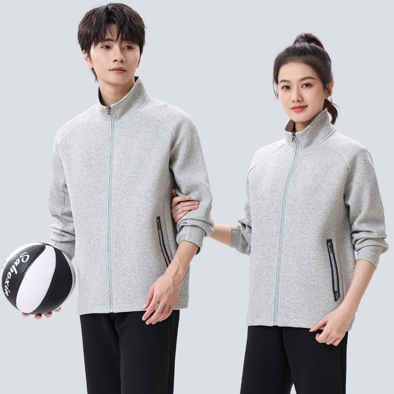 New Men'S And Women'S Vertical Collar Cardigan Solid Color Sweater Couples Loose Plus Size Casual Jacket Customizable Logo - Image 3