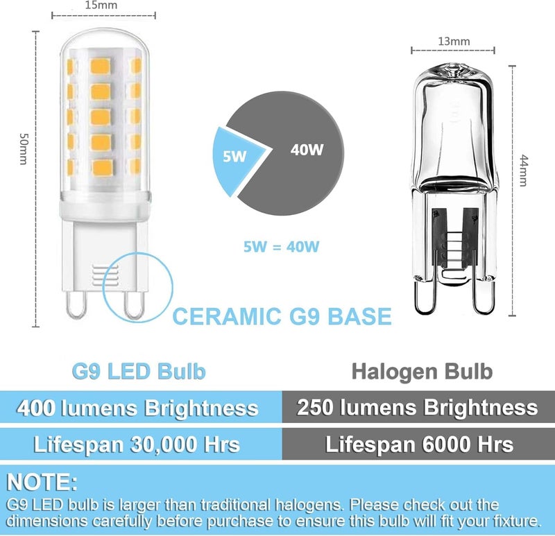 مصابيح LED G9 عبوة 10، مصابيح موفرة للطاقة بزاوية شعاع 360°، خالية من الوميض، قاعدة سيراميك للثريات وإضاءة المنزل - Image 2