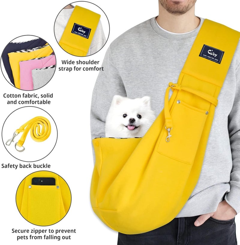 CUBY Dog and Cat Sling Carrier - Hands Free Reversible Small Pet Carrier Sling with Storage Pocket Design - Suitable for Puppy, Small Dogs Cats Outdoor Travel Walking(Yellow) - Image 2