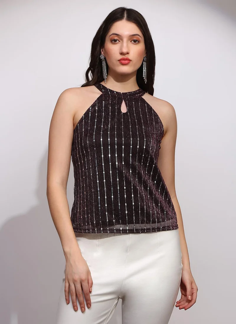 globus Globus Women Brown Spangle Embellished Halter Keyhole Neck Sleeveless Party Top