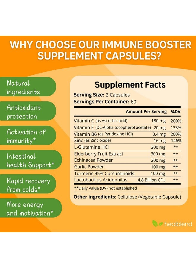 healblend 10 in 1 Immune Support Supplement Booster with Elderberry, Zinc, Echinacea, Turmeric, Lactobacillus Acidophilus, for Adults [120 Capsules] - Image 5