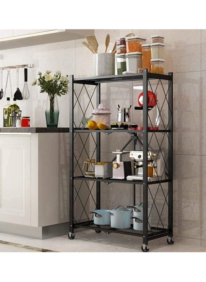 DubaiGallery وحدة تخزين قابلة للطي بأربعة أرفف مع عجلات، وحدة تخزين ثقيلة للمنزل، المرآب، منظم الحمام، أسود - Image 1