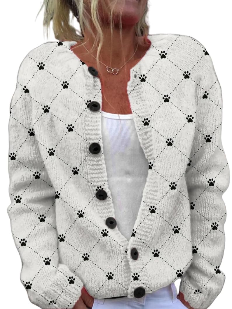 Women's Funny Fall Winter Long Sleeve Animal Dog Lover Button Knit Cardigan Sweater Vintage Knitted Outerwear(P-White,S)