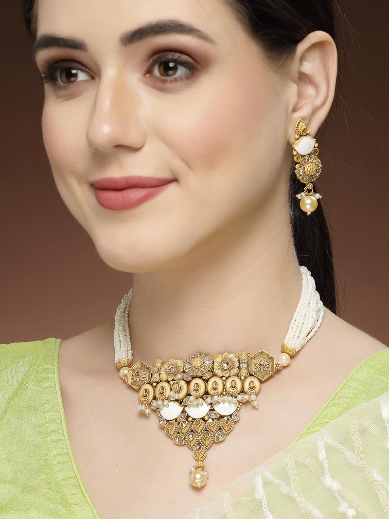 Adiva Gold-Plated Kundan Stone Pearls & Beads Meenakari Jewellery Set for Women, Traditional Stylish Jewellery Set for Women Party, Wedding, Bridal, Occasion, Festive - Image 3
