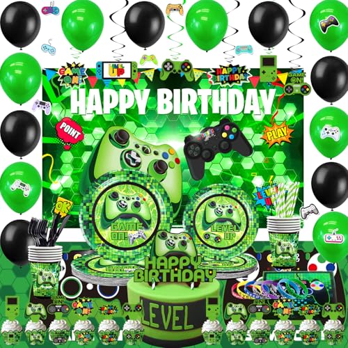 Mpanwen Green Gamer Birthday Party Decoration  217Pcs Video Game Gaming Party Supplies For Boys Birthday Party  Backdrop Table Cover Plates Cups Napkins Utensils Hanging Swirls Cupcake Topper Cake - Image 1