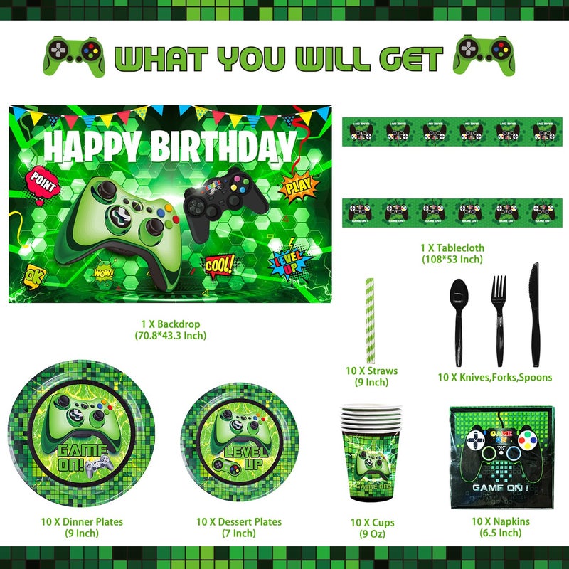 Mpanwen Green Gamer Birthday Party Decoration  217Pcs Video Game Gaming Party Supplies For Boys Birthday Party  Backdrop Table Cover Plates Cups Napkins Utensils Hanging Swirls Cupcake Topper Cake - Image 3