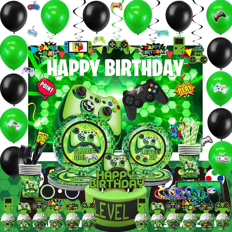 Mpanwen Green Gamer Birthday Party Decoration  217Pcs Video Game Gaming Party Supplies For Boys Birthday Party  Backdrop Table Cover Plates Cups Napkins Utensils Hanging Swirls Cupcake Topper Cake - Image 2