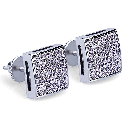 TOPGRILLZ 925 Sterling Silver Square Screw Stud Earrings 14K Gold Plated 5A+ Cubic Zirconia Iced Out Square Screw Back Hypoallergenic Cube Large Stud Earrings For Men Women(04Silver) - Image 1