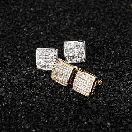 TOPGRILLZ 925 Sterling Silver Square Screw Stud Earrings 14K Gold Plated 5A+ Cubic Zirconia Iced Out Square Screw Back Hypoallergenic Cube Large Stud Earrings For Men Women(04Silver) - Image 5
