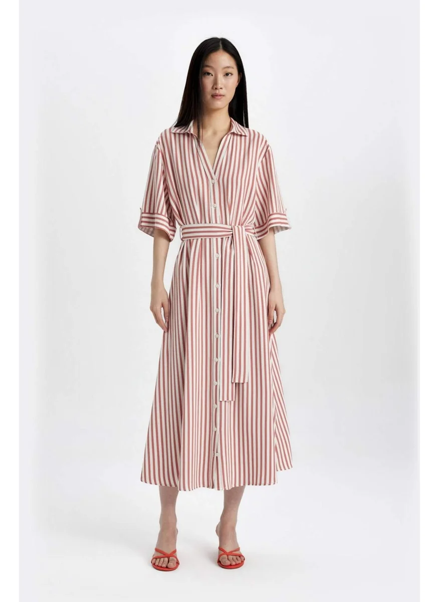 ديفاكتو Shirt Collar Striped Belted Linen Short Sleeve Midi Dress C8638AX24SM
