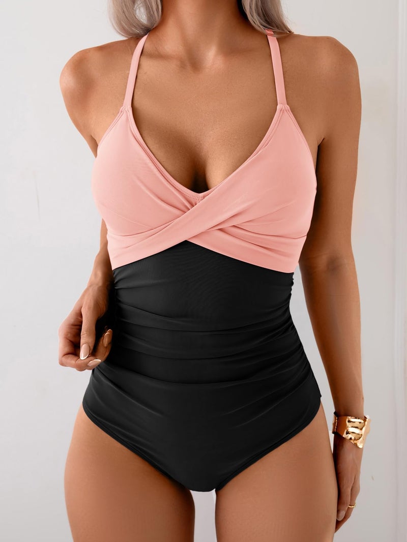 B2prity Women's One Piece Swimsuits Tummy Control Front Cross Bathing Suits Tie Back Slimming V Neck Swimwear - Image 4