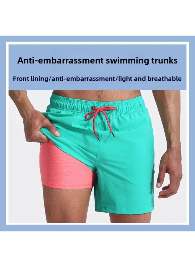 Swimming Trunks Men's Anti-Embarrassment Quick-drying Water-soluble Five-point Beach Trunks Water Park Shorts Men's Boxer Swimsuit-Color:Fruit Green (boxer Shirt)-