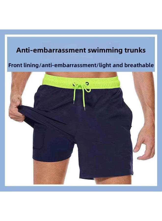 Swimming Trunks Men's Anti-Embarrassment Quick-drying Water-soluble Five-point Beach Trunks Water Park Shorts Men's Boxer Swimsuit-Color:Fruit Green (boxer Shirt)-