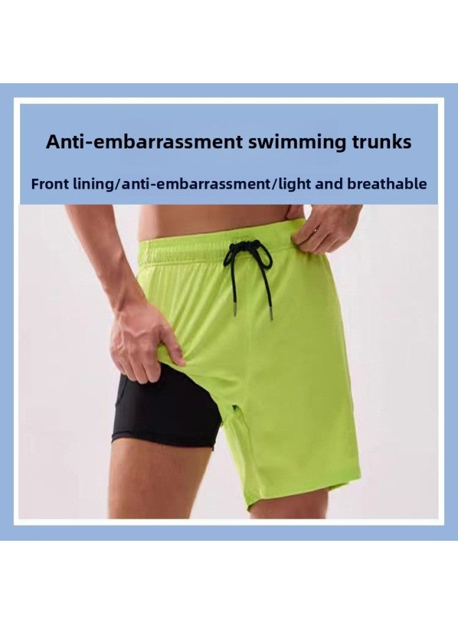 Swimming Trunks Men's Anti-Embarrassment Quick-drying Water-soluble Five-point Beach Trunks Water Park Shorts Men's Boxer Swimsuit-Color:Fruit Green (boxer Shirt)-