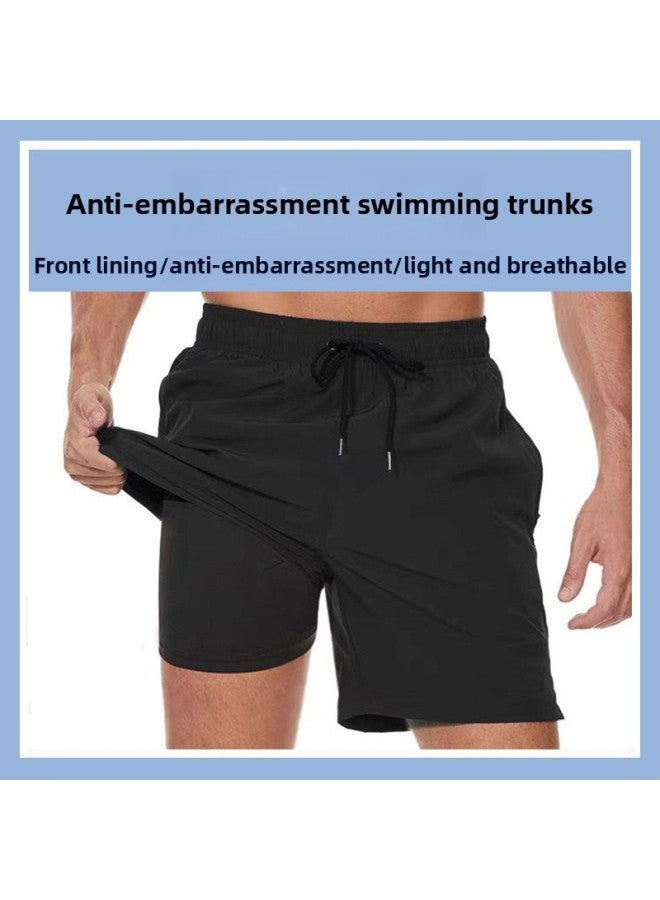 Swimming Trunks Men's Anti-Embarrassment Quick-drying Water-soluble Five-point Beach Trunks Water Park Shorts Men's Boxer Swimsuit-Color:Fruit Green (boxer Shirt)-