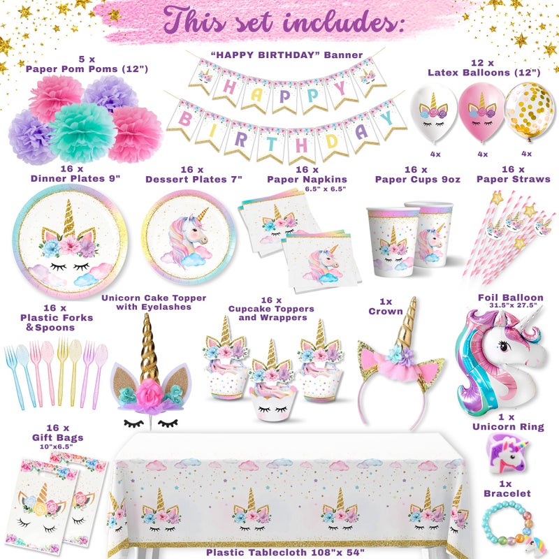 RainMeadow 152 Pc Premium Unicorn Birthday Decorations Set for Girls â€“ Complete Unicorn Party Decorations Supplies Kit with Plates, Cups, Napkins, Balloons, Banner, Headband â€“ Magical Rainbow Party for Kids - Image 4