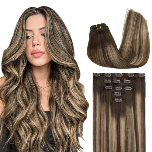 MAXITA Clip in Hair Extensions Real Human Hair,Remy Hair Extensions Clip ins Double Weft for Women,Natural Real Human Hair,20Inch 80g 5Pcs,Chocolate Brown to Caramel Blonde - Image 1